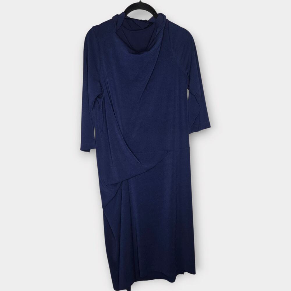 Veronique Miljkovitch Lone Sleeve Navy Blue Drapey Dress Women's Large